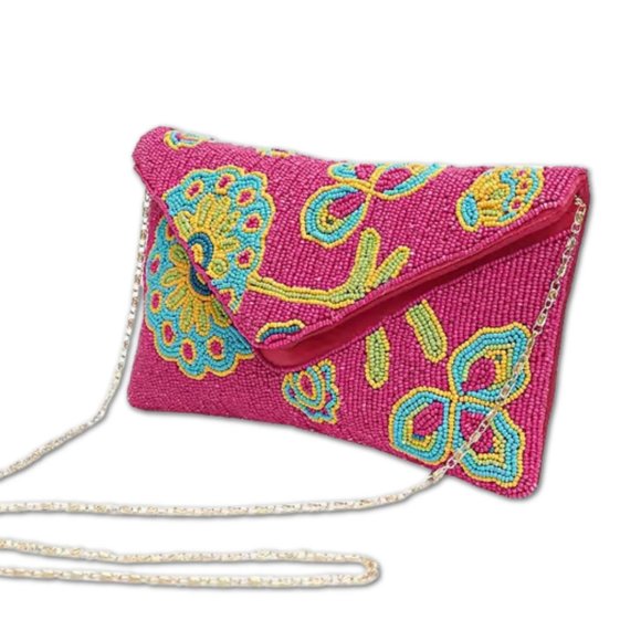 Spring Fling Floral Seed Beaded Fuchsia Pink Crossbody Clutch Handbag Bag NEW - Picture 4 of 5
